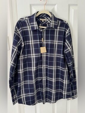 Burberry Navy and White Plaid Button-Down Shirt